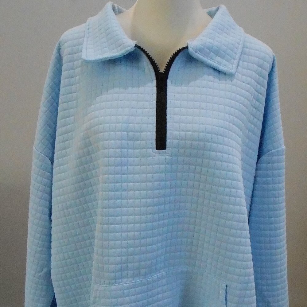 Women's Light Blue Oversized Quilted Waffle Knit 1/4 Zip Collared Sweatshirt-XXL